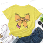 Women's Inspirational Teacher Graphic T Shirt Pencil Bow Design Short Sleeve Tee Gifts for Teacher's Day Crew Neck Classic Tops