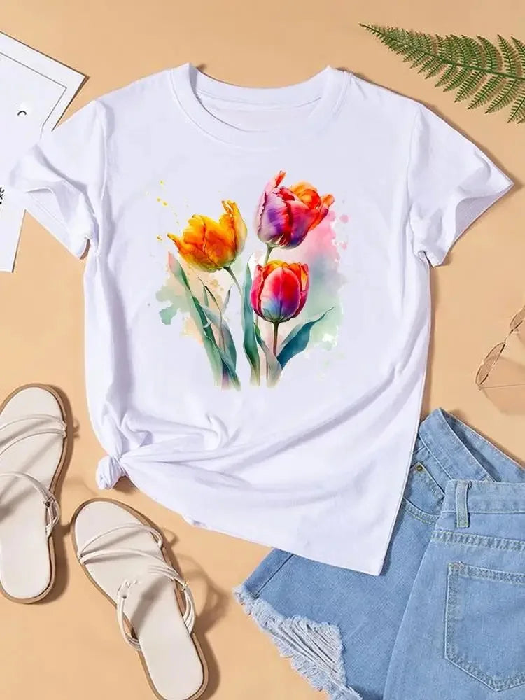 Graphic T-shirt Women Top Lady Female Shirt Tee Flower Carto Women Clothes Aesthetic Clothes Tops