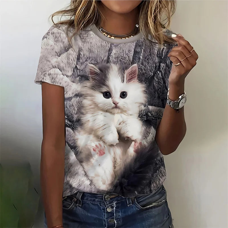 3D Printed Artistic Cat T-Shirt For Women Funny Animal Pet Pattern Tees Summer Casual Short Sleeves Loose T Shirts O-Neck Tops