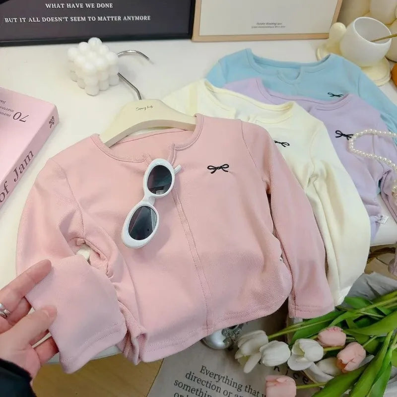 1-12Y Bow T-shirt Embroidered Girls Base Layer Fashionable Long Sleeved Simple Sweet and Cute Knitted Top for Girls Wholesale