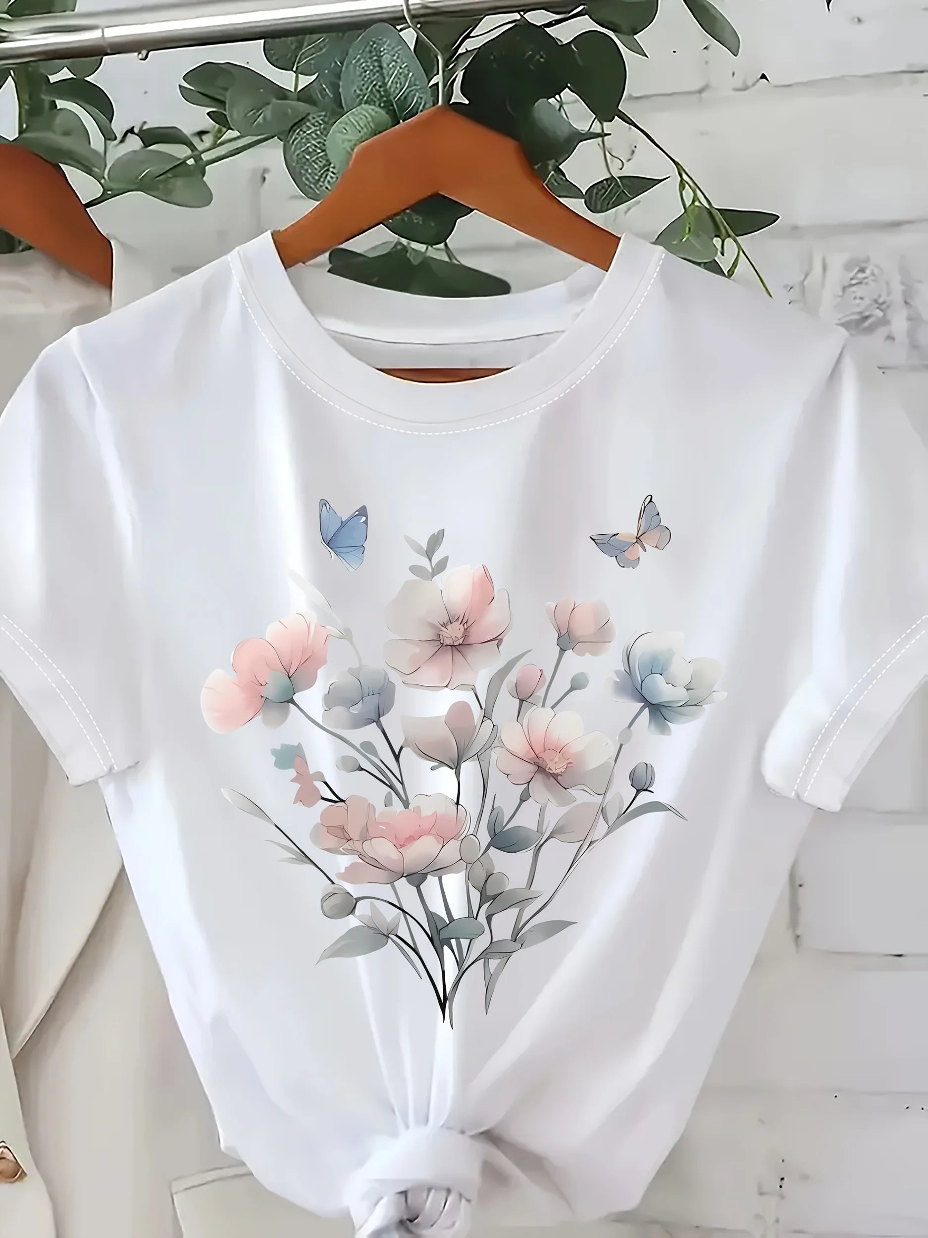 Women'S Floral Print T-Shirt Pink Pastel Top with Floral Pattern Lightweight Everyday for Spring/Summer Outfits Casual
