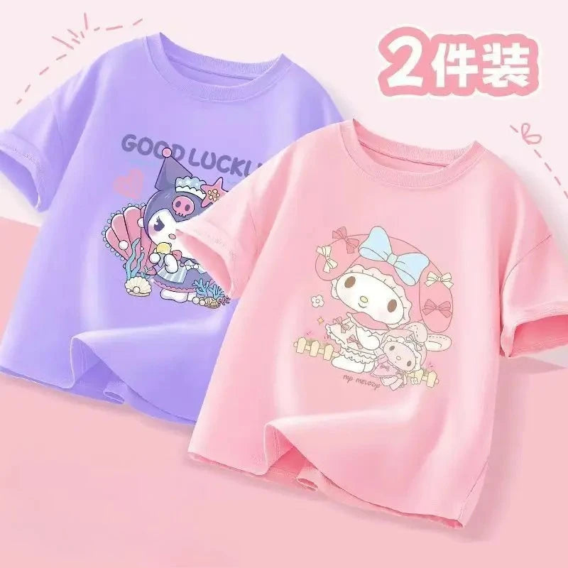 2pcs/pack Sanrio Summer Baby Girls Clothes Children Kuromi Printed Short Sleeve T-shirts Kid Cotton Cartoon Breathable Soft Top