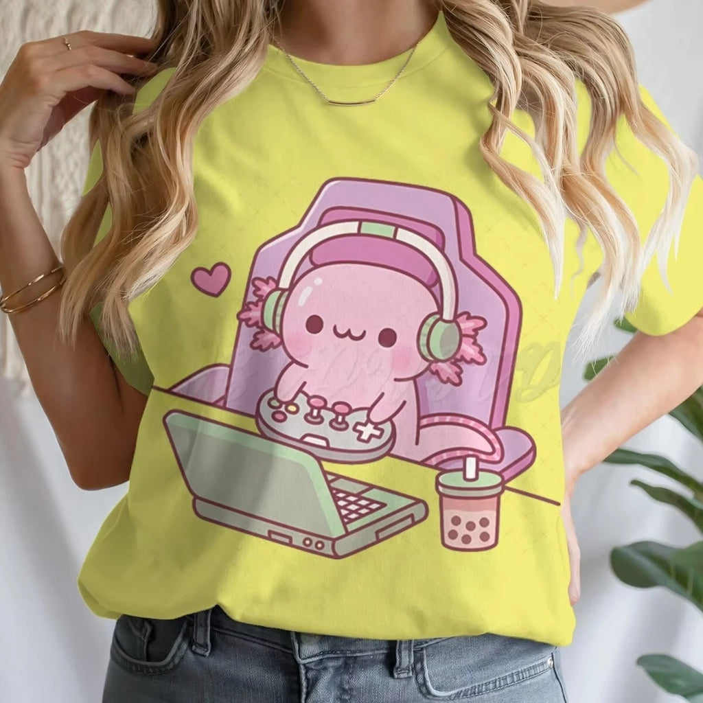 Girls' Summer Clothes Cute Axolotl Playing Games Graphic T-Shirt 3D Print Tie Dye Children's Clothing for Girl Short Sleeve Tee
