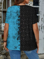 Plus Large size women's floral print V-neck short-sleeved T-shirt casual knitted micro-stretch top pullover