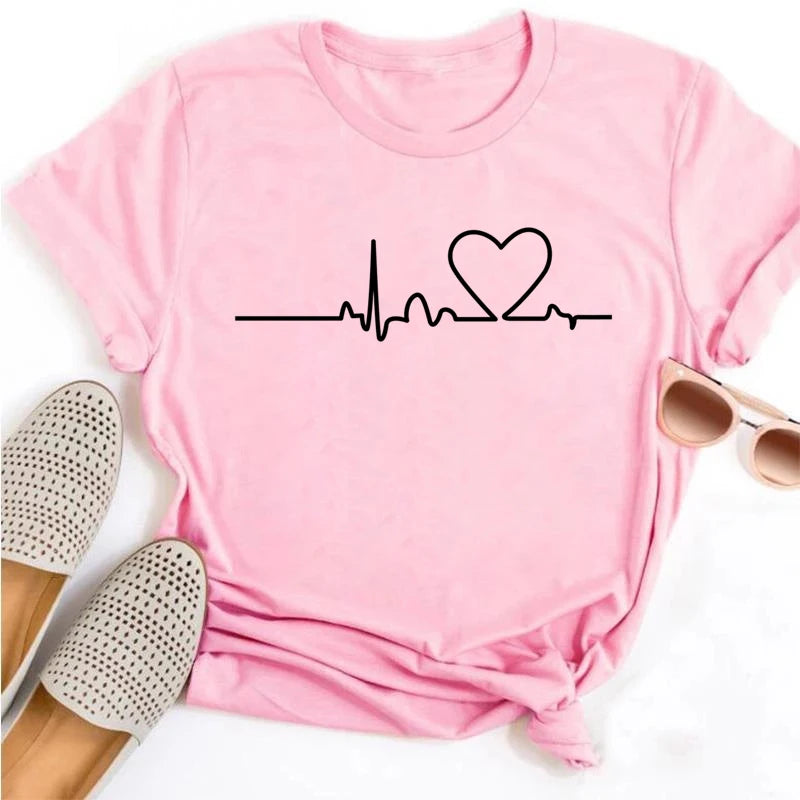 New Women T Shirt Cute Than Heart Printed T-shirt Fashion Love Heart Loose Short Sleevs Round Neck T-shirt Casual Female Tops