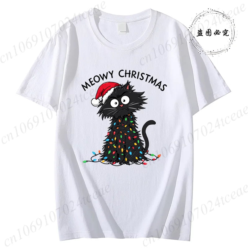 Women'S Casual Graphic T-Shirt - Meowy Christmas Print, Short Sleeve O Neck Top for Christmas Xmas T-Shirts Christmas Santa Tees