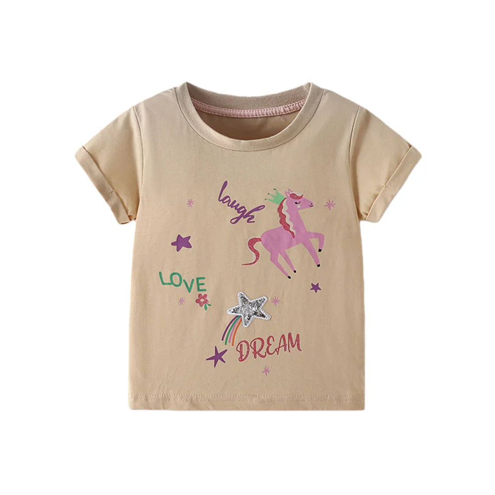 Jumping Meters 3-8T Animals Summer Girls Tshirts Butterflies Applique Short Sleeve Baby Clothes Embroidery Children's Tees