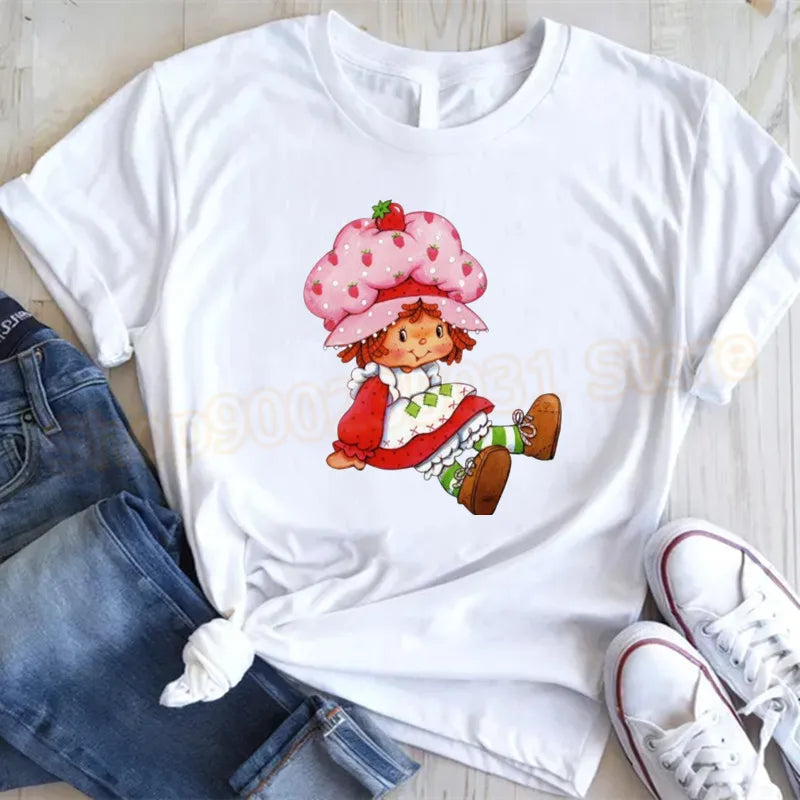 Cute Strawberry Shortcake T-Shirt for Women Retro Cartoon Printed T Shirts Loose Short Sleeved Tops Casual Round Neck Tees