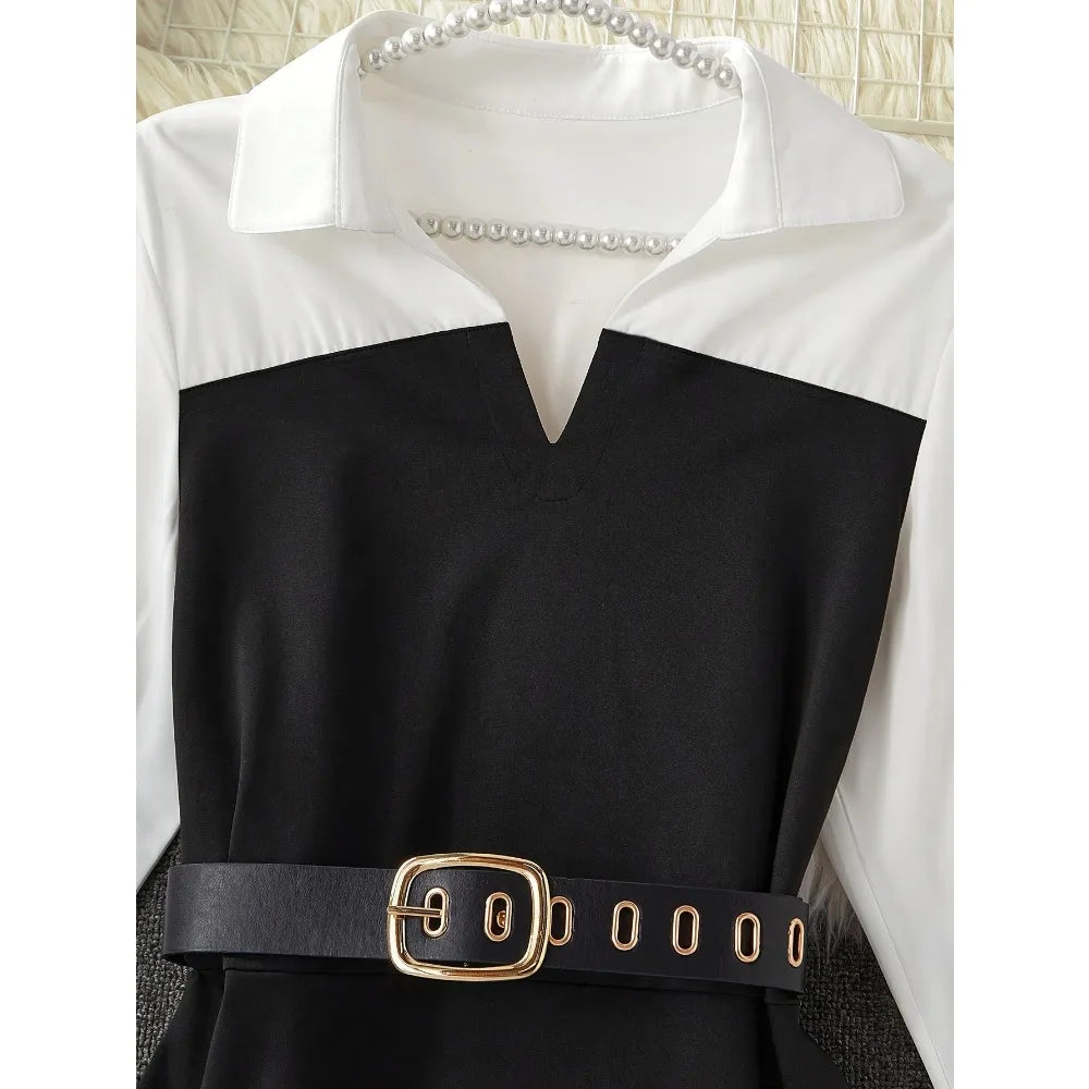 2025 women Plus Size Color Block Layered Shirt: Two-Tone Blouse Design & Belt-Free Comfort for Modern Professional Style（No bel）