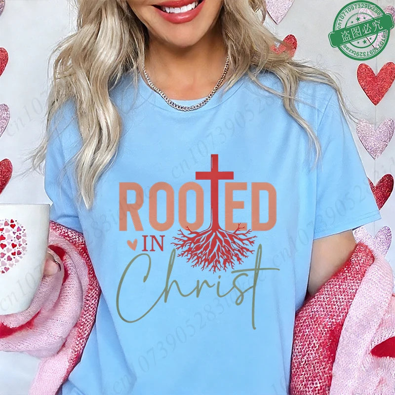 Rooted in Christ T-Shirt Women Vintage Tree Faith Root Graphic Tops Casual Christian Religious Short Sleeve Tee Female Clothing