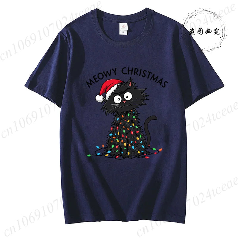 Women'S Casual Graphic T-Shirt - Meowy Christmas Print, Short Sleeve O Neck Top for Christmas Xmas T-Shirts Christmas Santa Tees