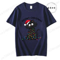 Women'S Casual Graphic T-Shirt - Meowy Christmas Print, Short Sleeve O Neck Top for Christmas Xmas T-Shirts Christmas Santa Tees