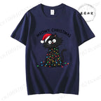 Women'S Casual Graphic T-Shirt - Meowy Christmas Print, Short Sleeve O Neck Top for Christmas Xmas T-Shirts Christmas Santa Tees