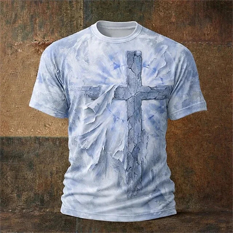 Christian Men's T-Shirt Summer Loose-Fit T-Shirt Gothic Style Jesus Christ Cross 3D Print Crew Neck Top Retro Short-Sleeve