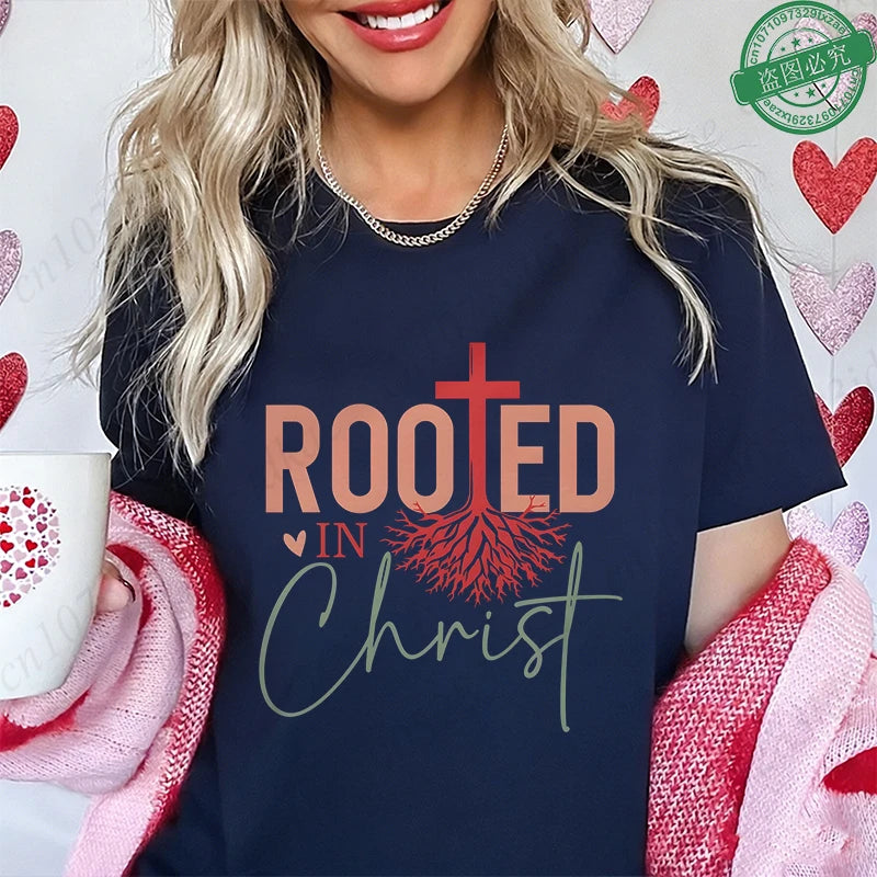 Rooted in Christ T-Shirt Women Vintage Tree Faith Root Graphic Tops Casual Christian Religious Short Sleeve Tee Female Clothing
