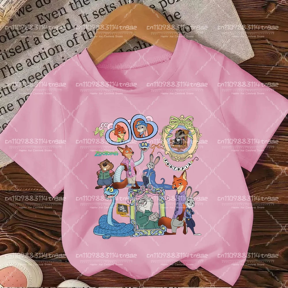 2026 Summer Children Girl Boy Cotton Clothes  Zootopia Cartoon Prints T-shirts Fashion Kid Baby Short Sleeve Crew Neck Top