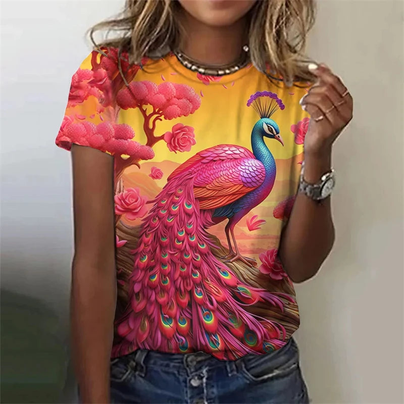 Fashion Women's T-shirt With Cute Peacock Graphic 3D Printed Short Sleeve Summer T-shirts Oversized Loose Women's Clothing