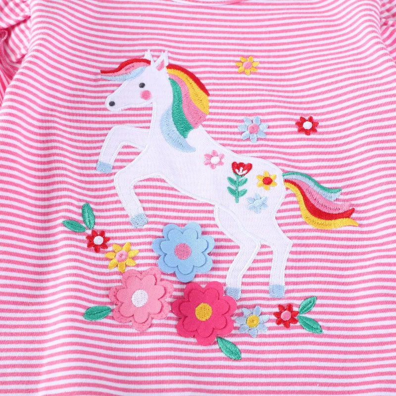 Jumping Meters 2-7T Striped Unicorn Cotton Girls T Shirts Summer Children's Clothes Short Sleeve Kids Tees Tops Baby Costume