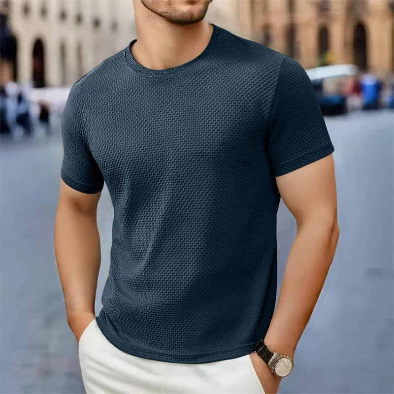 Men's Casual Short Sleeve T-shirt 2025 New Bone Flower Solid Color O-neck Fashion Breathable Comfortable Summer Versatile Top