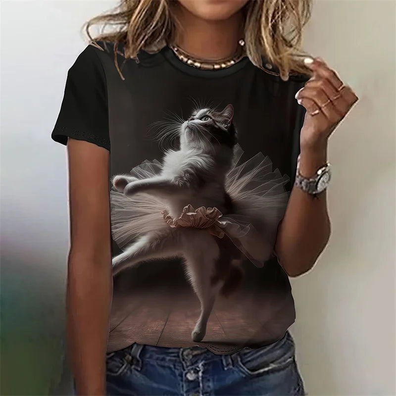 3D Printed Artistic Cat T-Shirt For Women Funny Animal Pet Pattern Tees Summer Casual Short Sleeves Loose T Shirts O-Neck Tops