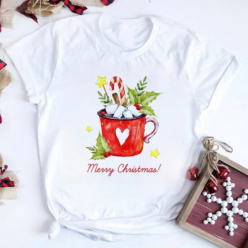 Women Tshirts Merry Christmas Tree Print Red Top Femal New Clothing Short Sleeve 90s Girls Lucky Deer T-shirts Aesthetic Clothes