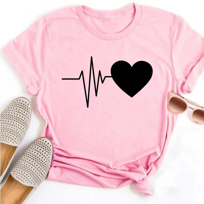 New Women T Shirt Cute Than Heart Printed T-shirt Fashion Love Heart Loose Short Sleevs Round Neck T-shirt Casual Female Tops
