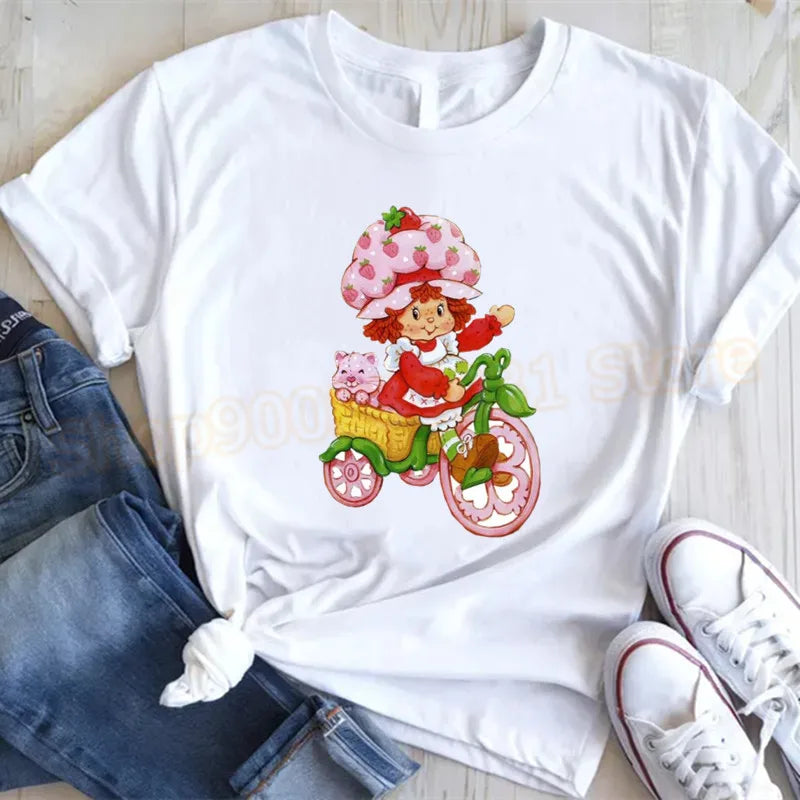 Cute Strawberry Shortcake T-Shirt for Women Retro Cartoon Printed T Shirts Loose Short Sleeved Tops Casual Round Neck Tees