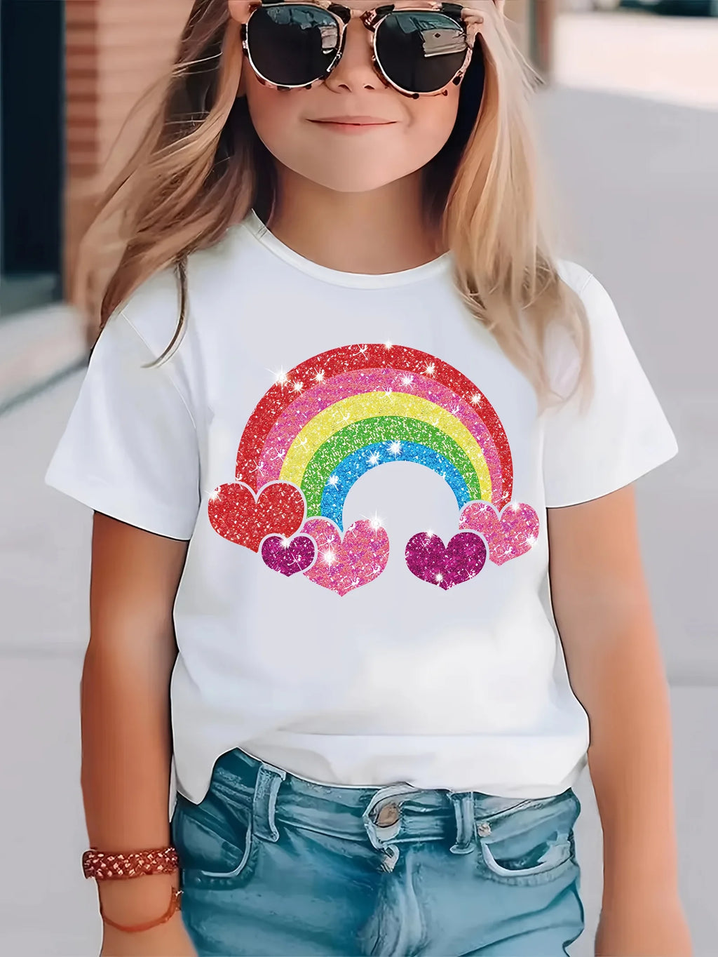 2026 Summer Fashion Girls' Pure Cotton Round Neck Short Sleeve Rainbow Heart Print T-Shirt Casual Versatile Top Trendy Clothing