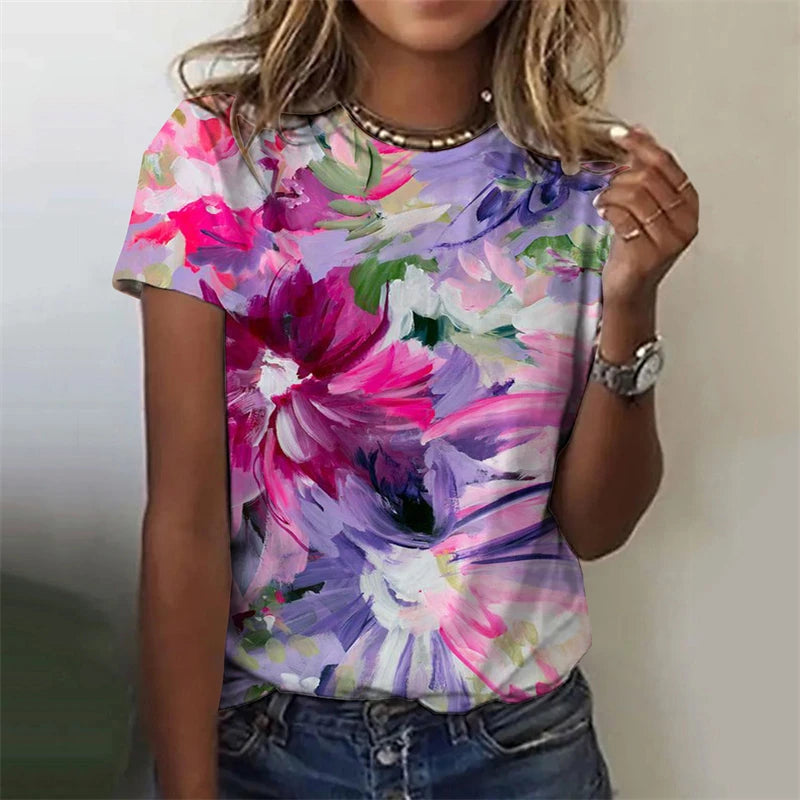 Women's T-Shirts Flowers Fashion Print O Neck Short Sleeve Tees O-Neck Personality Women Summer Harajuku Loose Female Clothing
