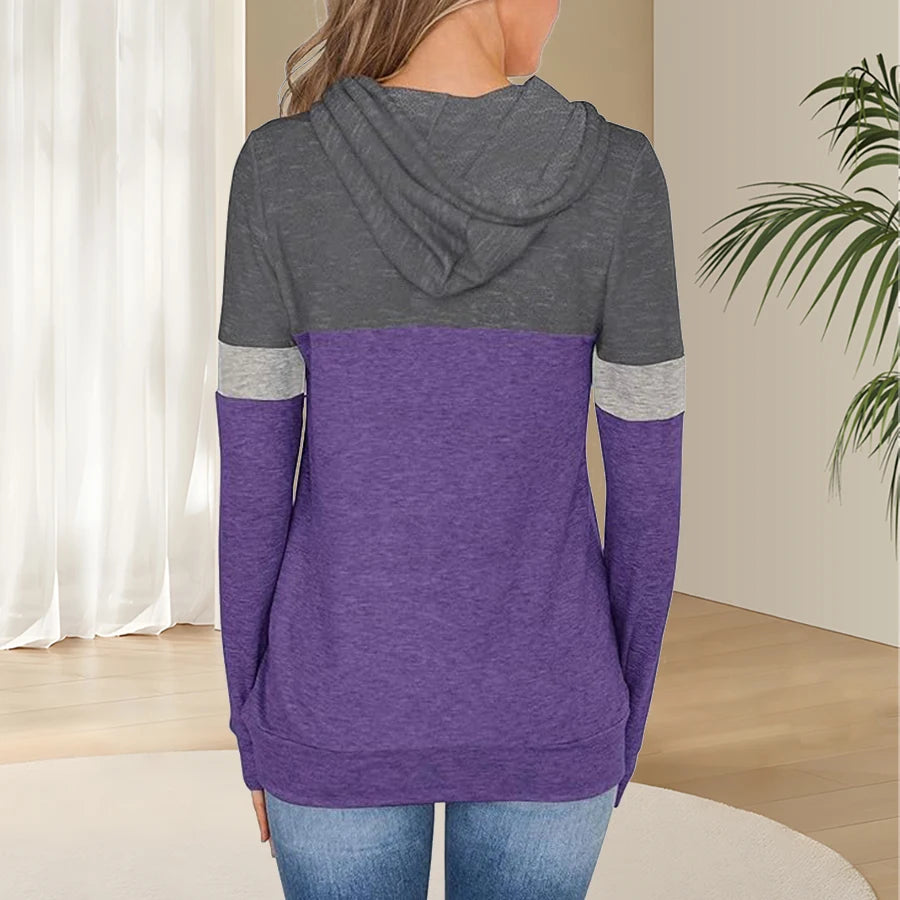 1pc Women'S Plus Size Color Block Hoodie, 95% Polyester 5% Spandex, Geometric Pattern, Slight Stretch, Knit Fabric, Hooded Pullo