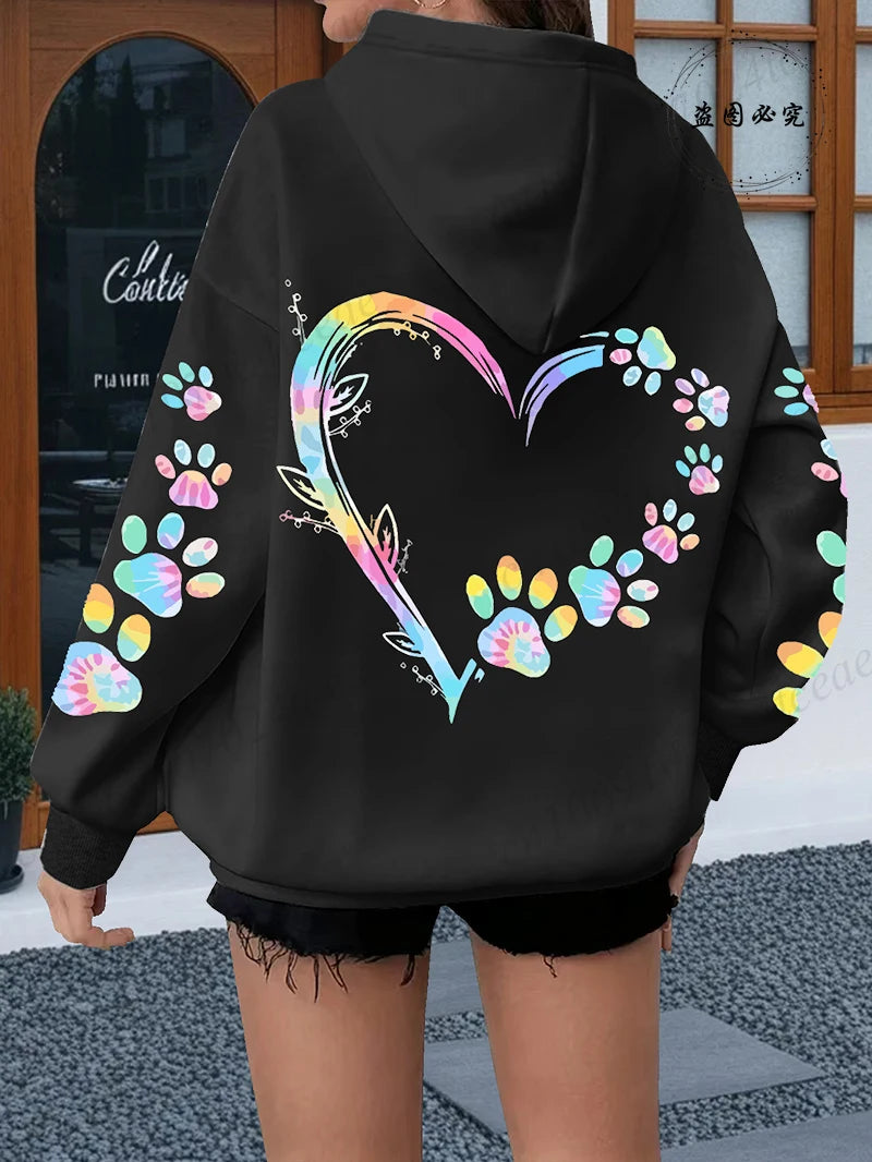 Heart Dog Paw Printed Hoodies Women Casual Fashion All Match Hoody Fleece Warm New Pullovers Harajuku Trend Hooded Sweatshirts