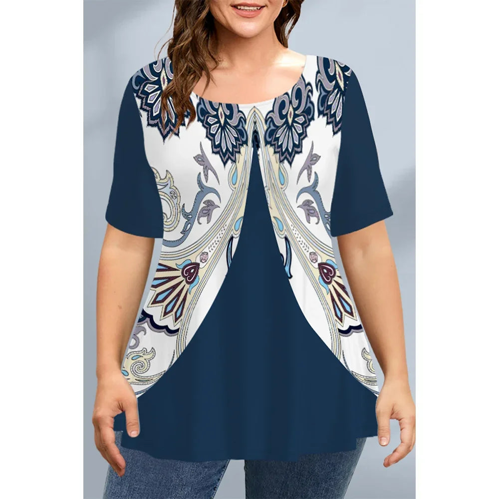 Large Size Loose Fit Women's T-shirt Summer New Short Sleeve Crewneck Tshirt Flower 3d Print Top Plus Size Ladies Clothing