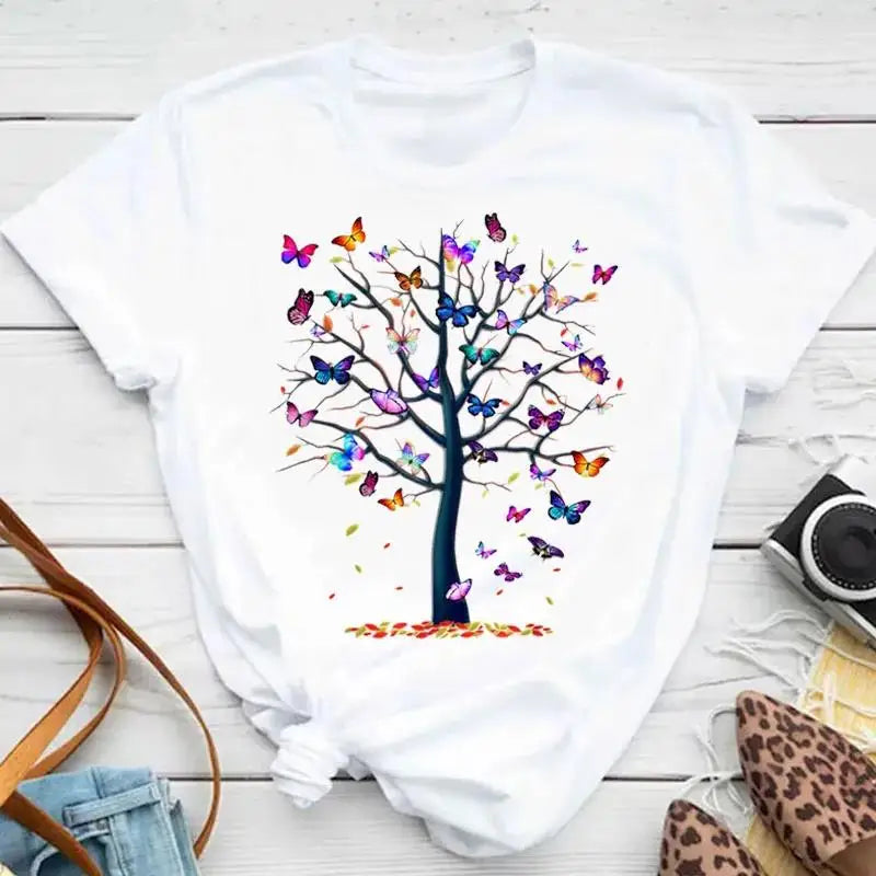 Fashion Women Men T Shirt Colorful Butterfly Petal Graphic Print T Shirt Casual Crew Neck Short Sleeve Plus Size T Shirt Unisex