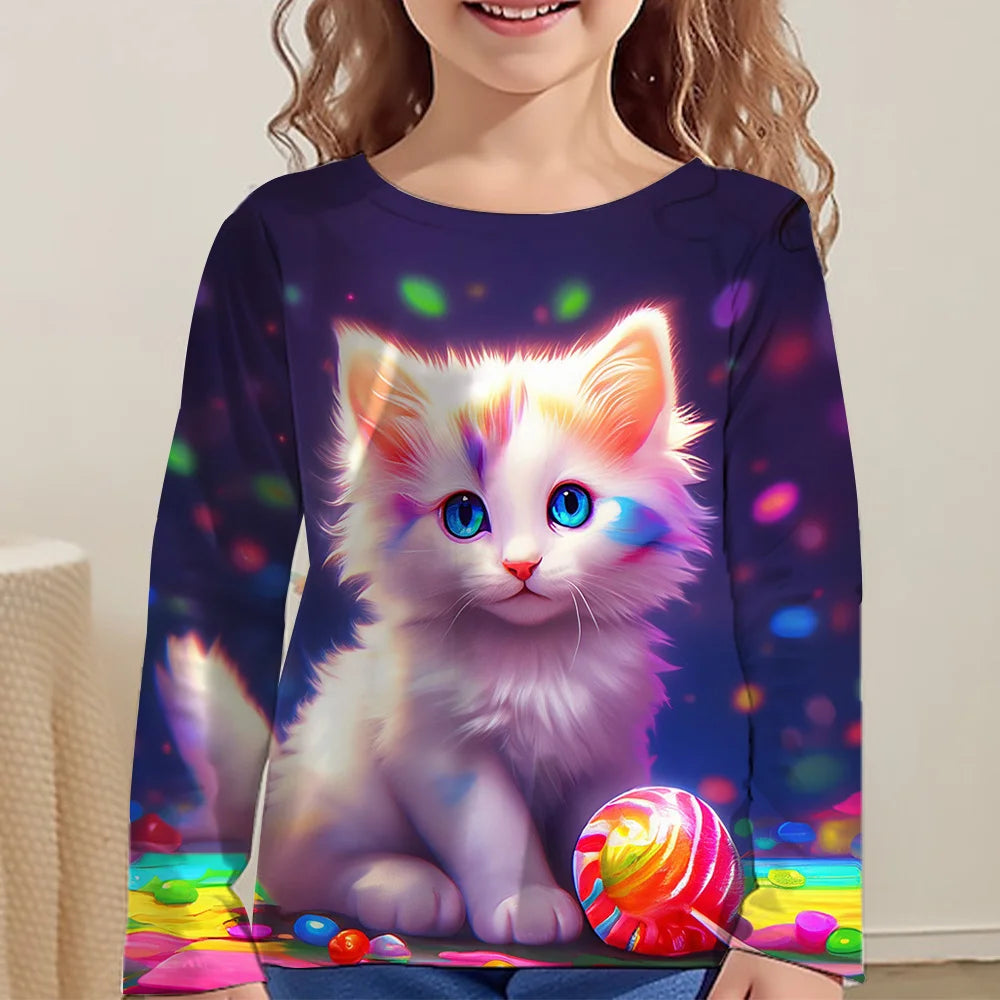 Children's Clothing Girl T-Shirts Top Long Sleeve Children T-Shirt Cute Cat Print Casual Kids Summer Autumn Clothes Girl Clothes