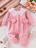 Pink Thickened One-Piece Romper for Baby Girls, with Cable Knit Quilted Fabric, Doll Collar with Hollow Lace, Double Bow, Snap Buttons on the Front and Crotch, Warm and Cute