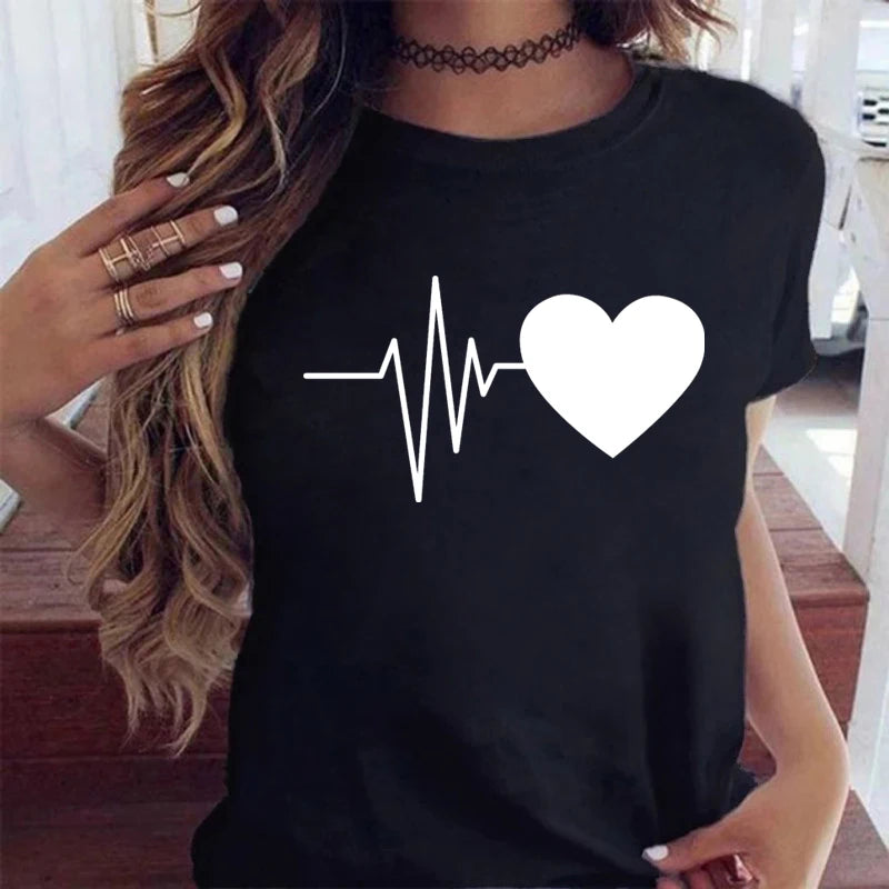 New Women T Shirt Cute Than Heart Printed T-shirt Fashion Love Heart Loose Short Sleevs Round Neck T-shirt Casual Female Tops