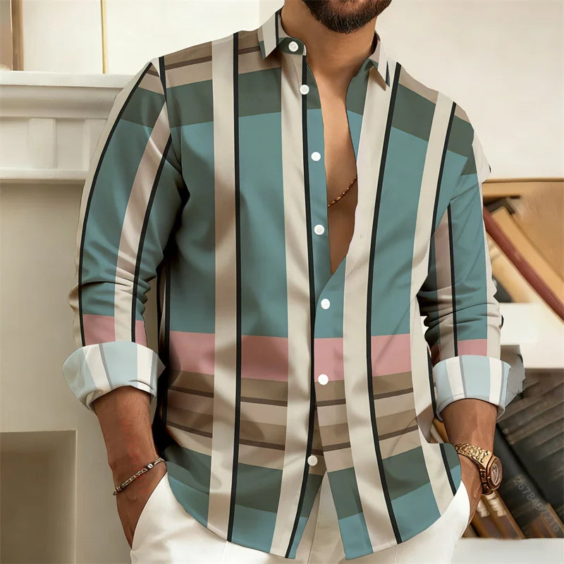 Men's Color-Blocked Striped Long-Sleeve Shirt, Retro Style Business Casual Shirt, Slim Fit Men's Trendy Top, Sizes S-6XL
