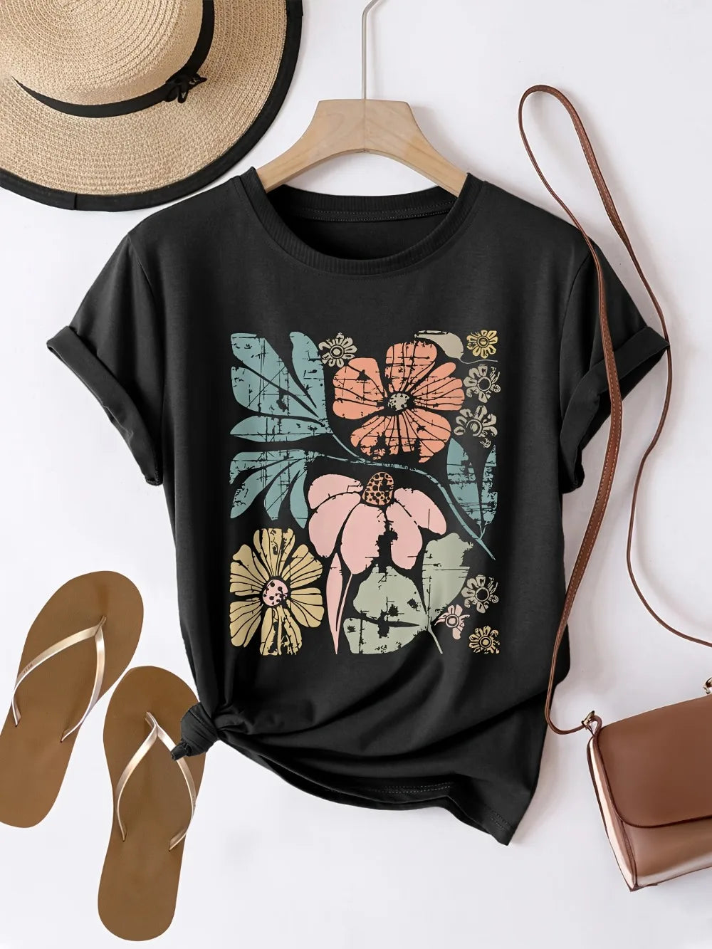Women'S Floral Graphic Print T-Shirt Casual Crew Neck Short Sleeve Top Knit Fabric Regular Length All-Season Fashion Clothing