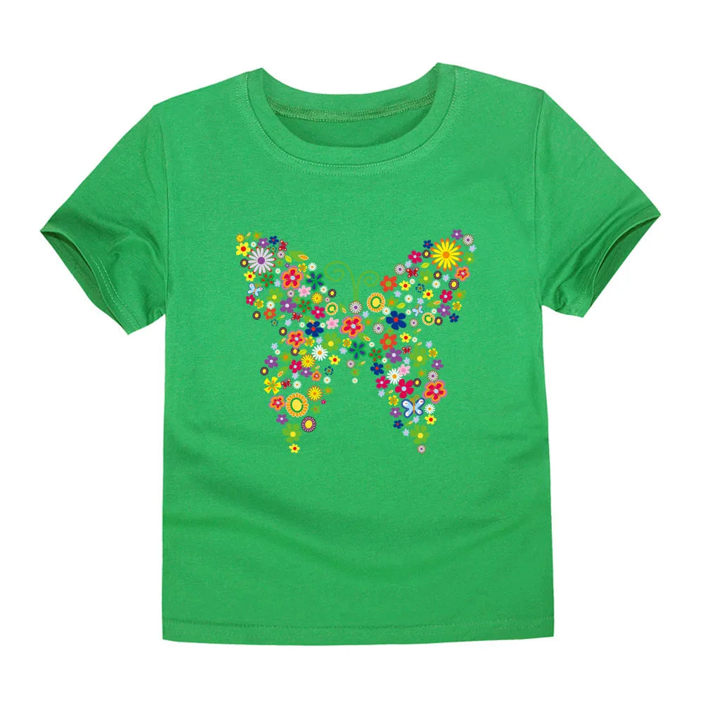 Girls Clothes 2 to 3 4 5 6 7 8 9 10 11 12 13 14 Years 100% Cotton 2024 Summer T Shirts Yellow Butterfly Floral Tee Shirt Tops
