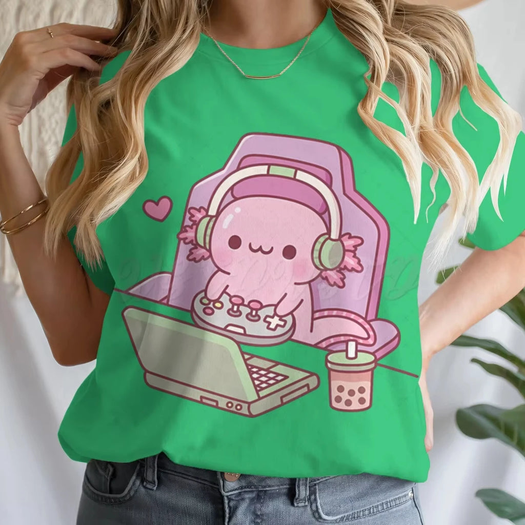 Girls' Summer Clothes Cute Axolotl Playing Games Graphic T-Shirt 3D Print Tie Dye Children's Clothing for Girl Short Sleeve Tee