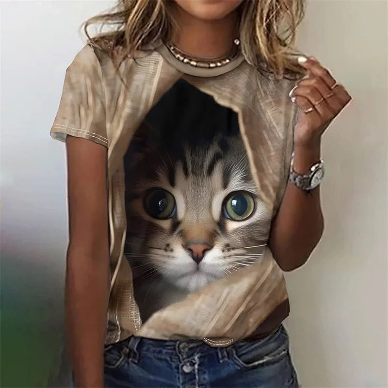 3D Printed Artistic Cat T-Shirt For Women Funny Animal Pet Pattern Tees Summer Casual Short Sleeves Loose T Shirts O-Neck Tops
