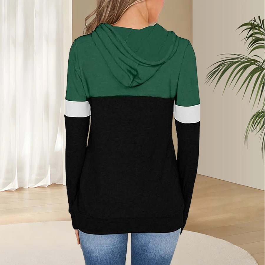 1pc Women'S Plus Size Color Block Hoodie, 95% Polyester 5% Spandex, Geometric Pattern, Slight Stretch, Knit Fabric, Hooded Pullo