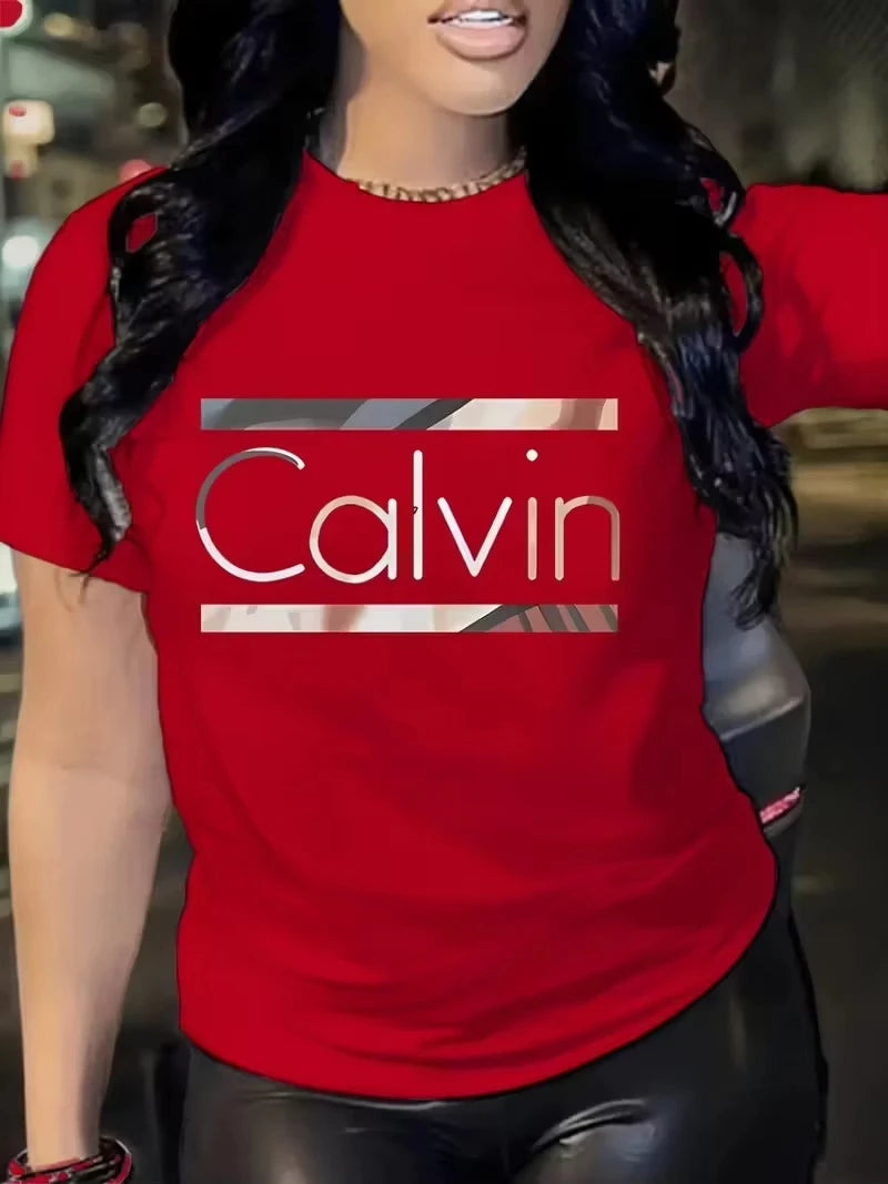 Hot Sale Women's Summer Fashion Casual Calvin Letter Pattern Print Loose Round Neck Short Sleeve Sportswear T-shirt Y2k Clothes