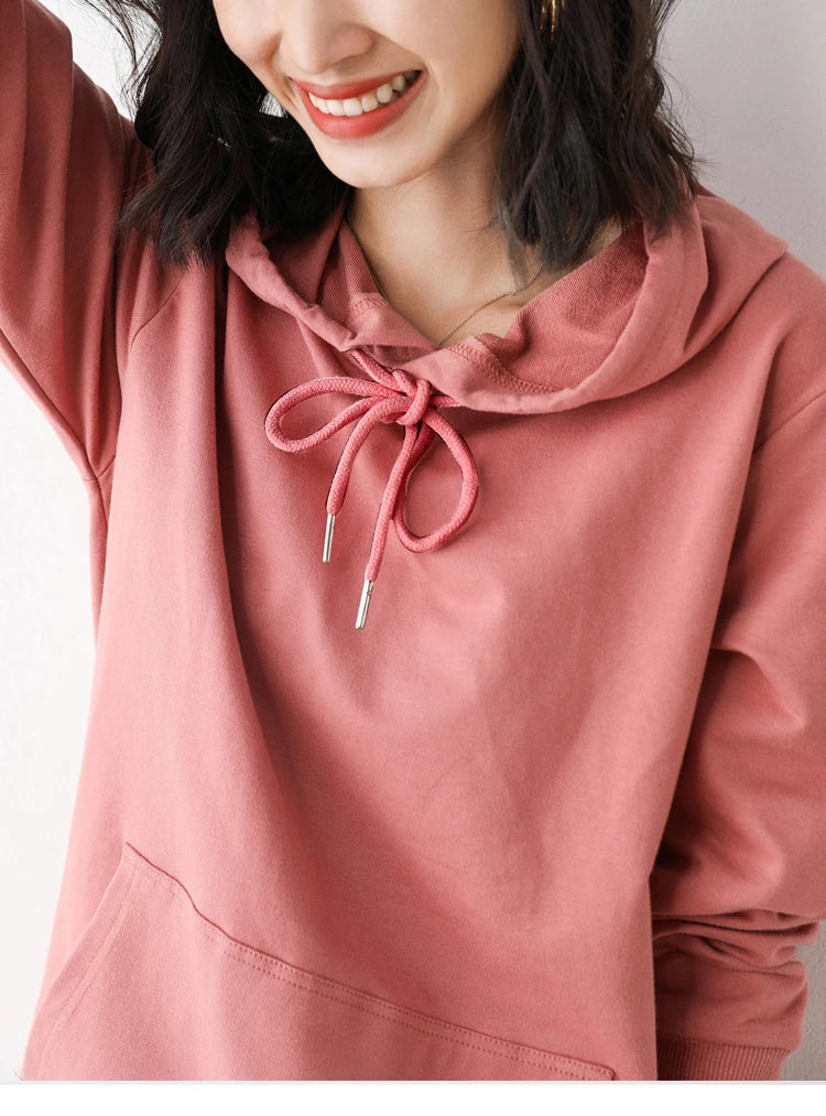 Women Hoodies 100% Cotton Spring Autumn Loose Long Sleeve Pullovers Solid Casual Ladies Outerwear Hooded Hoodie Womens Clothing