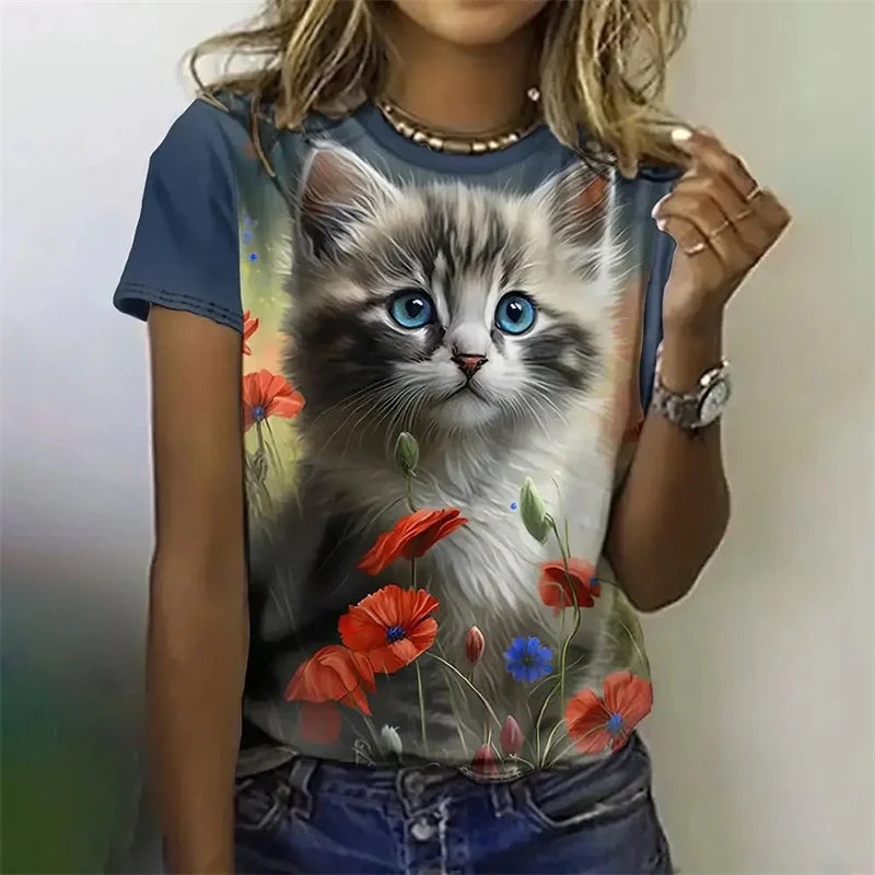 3D Printed Artistic Cat T-Shirt For Women Funny Animal Pet Pattern Tees Summer Casual Short Sleeves Loose T Shirts O-Neck Tops