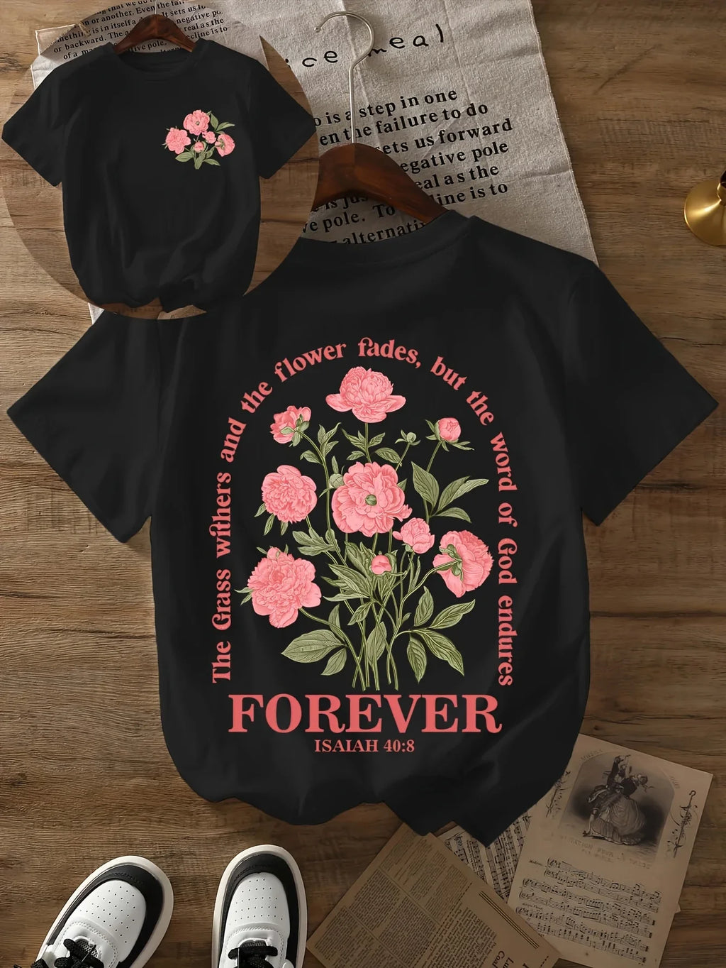 Bible Verse Lettering Printed Women Short Sleeve Summer Women's Clothing T-Shirt Flower Pattern Crew Neck Casual Tops