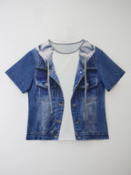 Plus size women's imitation denim casual short sleeved round neck top Western style denim style T-shirt versatile comfortable