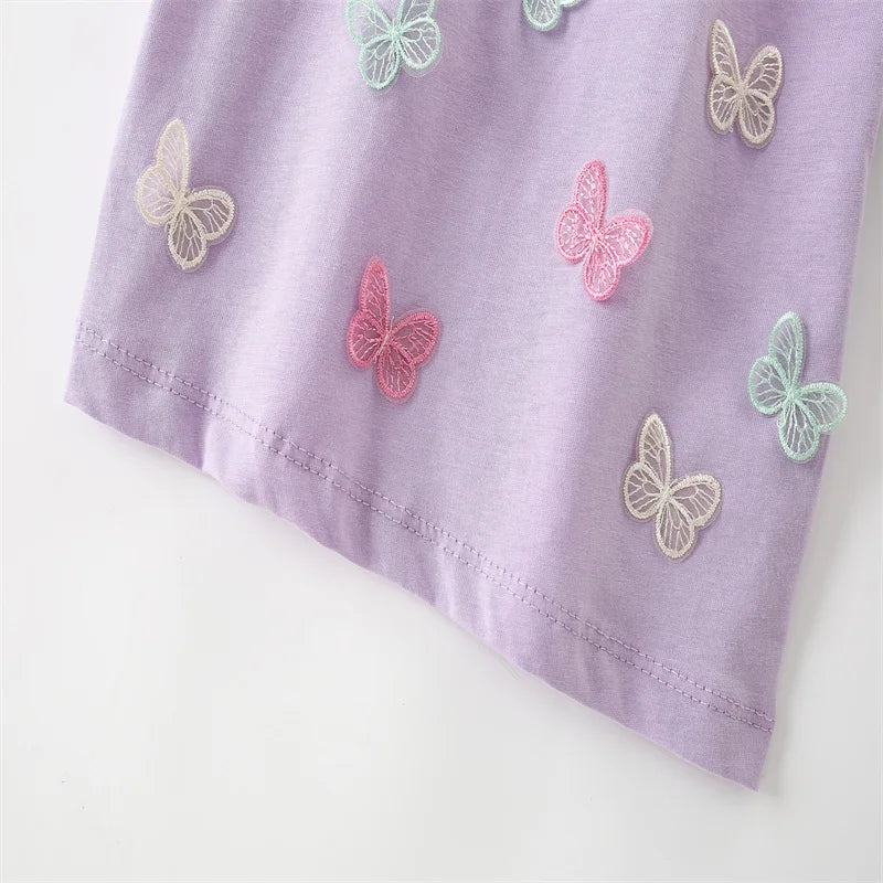 Jumping Meters 3-8T Animals Summer Girls Tshirts Butterflies Applique Short Sleeve Baby Clothes Embroidery Children's Tees