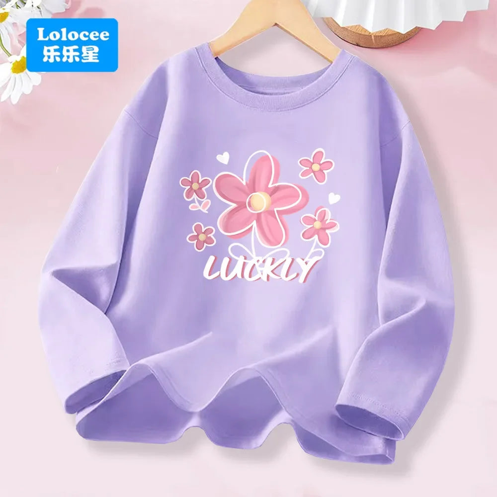 Kawaii Lovely Heart T-shirt for Girls - Cute Pink Purple Heart Print Long Sleeve Top, Kids Casual Cotton Basic Shirt