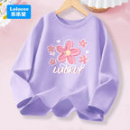 Kawaii Lovely Heart T-shirt for Girls - Cute Pink Purple Heart Print Long Sleeve Top, Kids Casual Cotton Basic Shirt